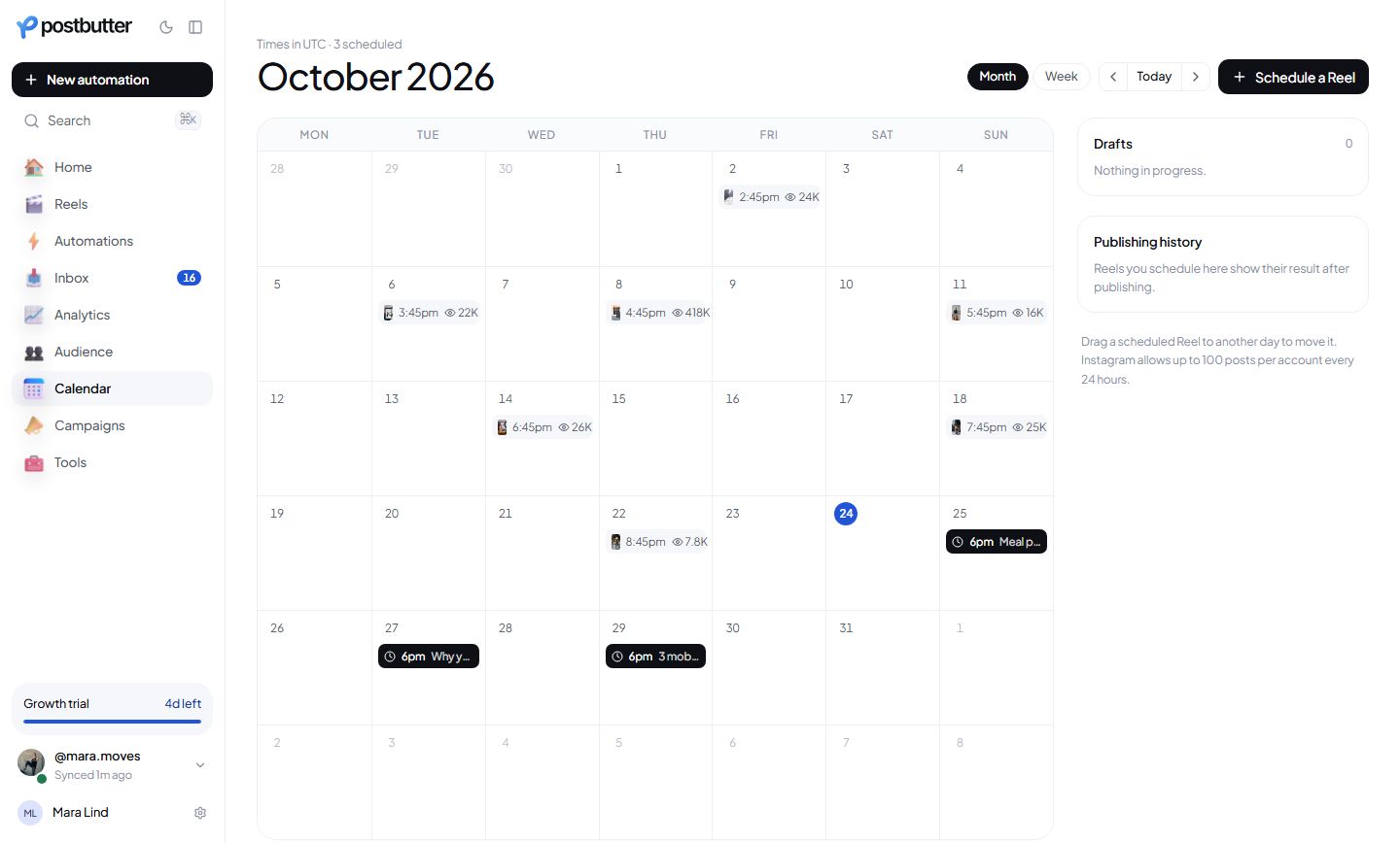 Postbutter Calendar screen